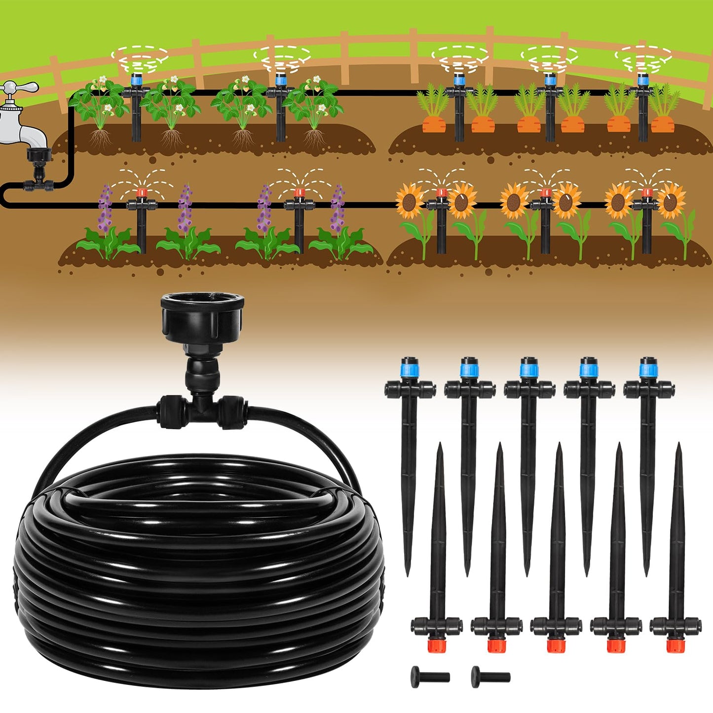 Eledom 55FT Quick-Connect Drip Irrigation Kit, Garden Watering System DIY Automatic Irrigation Equipment Set for Lawn Raised Bed Greenhouse Plant Watering with 1/4'' Tubing, Drip Emitters, Connectors