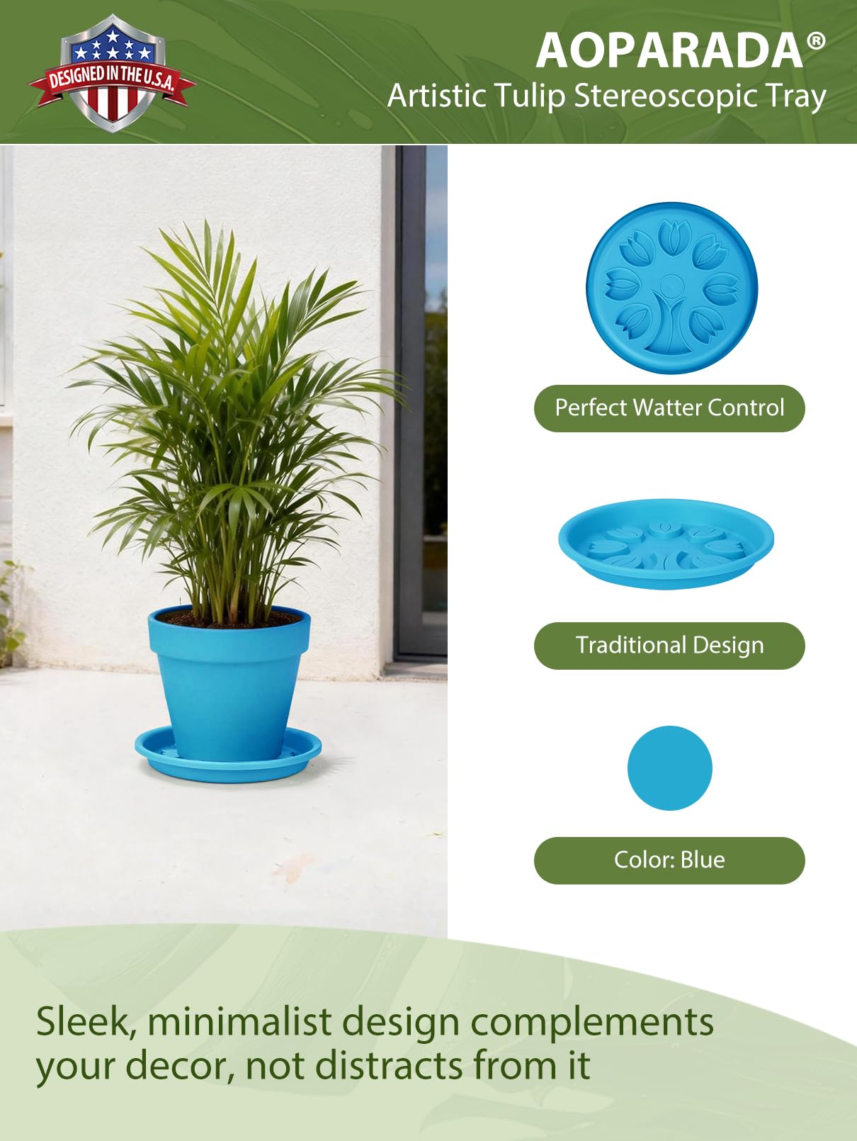 Aoparada® 10 Inch Plant Saucers (4-Pack) - Tulip-Design Leak-Proof Trays for Small Pots - Protect Surfaces & Nurture Plants - Heavy-Duty for Indoor/Outdoor(Blue)