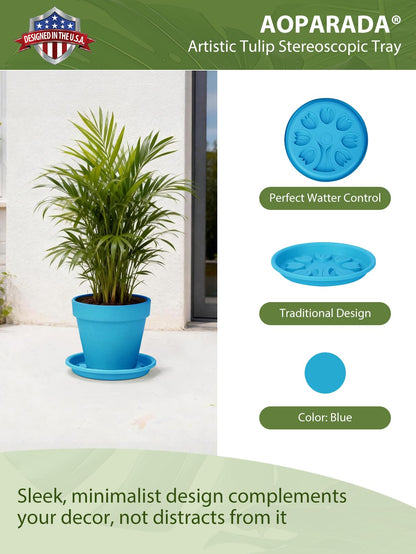 Aoparada® 10 Inch Plant Saucers (4-Pack) - Tulip-Design Leak-Proof Trays for Small Pots - Protect Surfaces & Nurture Plants - Heavy-Duty for Indoor/Outdoor(Blue)