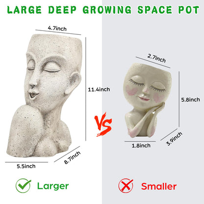 FIMOFIDRE Face Head Planter Pots for Indoor Outdoor Plants Large Flower Pots Unique Succulent Planter with Drainage Hole Creative Lady Pot Resin Women Statue Vase Garden Decor- 11.4 x 8.7 x 5.5 Inch