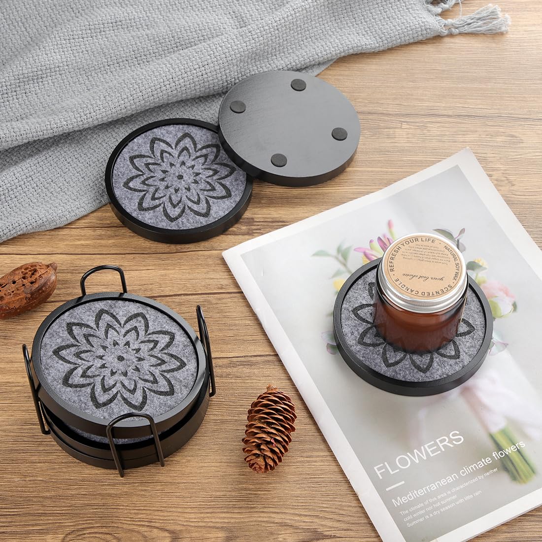 LiWiBet Elegant Black Wood Coasters with Gray Felt & Holder Non Stick, Absorbent Drink Coasters Set of 6 4.33in Rustic Wooden Coaster for Coffee Tabletop Protection Suitable for Kinds of Cups