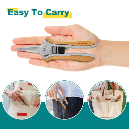 Berry&Bird Mini Pruning Shears for Gardening Straight Blades Hand Pruners with Wooden Handle Garden Scissors Snips Stainless Steel Trimming Small Clippers Bonsai Compact Size Shearing Tool