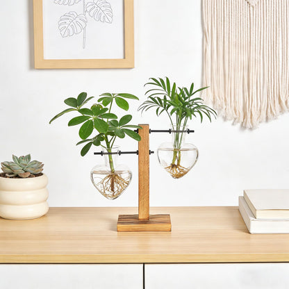 Mkono Heart Shaped Propagation Station with Wood Stand, Glass Hydroponic Planter Desktop Plant Terrarium for Home Office Decor, Gifts for Plant Lovers - 2 Love Bulb Pot Vase