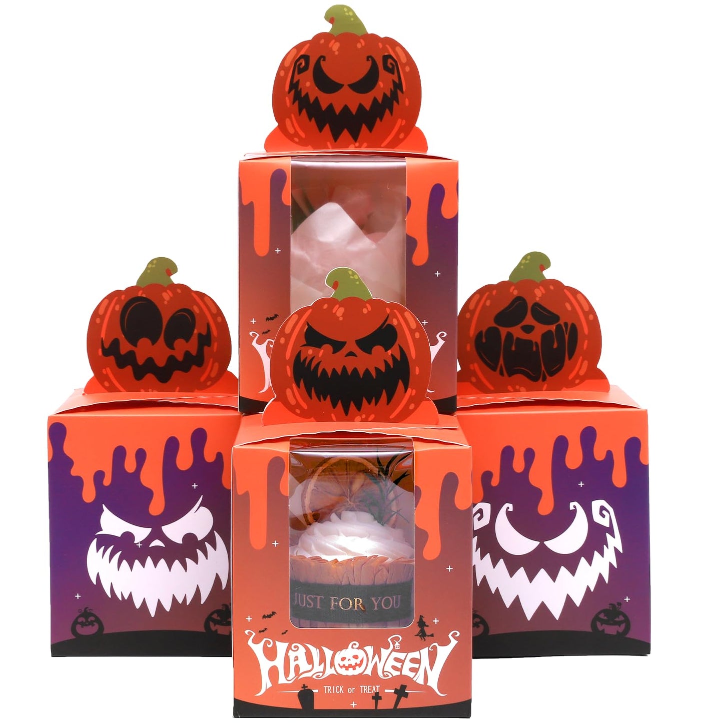 qiqee Halloween Individual Cupcake Boxes Cupcake Holders Disposable 25pcs Single Cupcake Boxes with Window 3.7x3.7x4.5 Cupcake Containers for Halloween