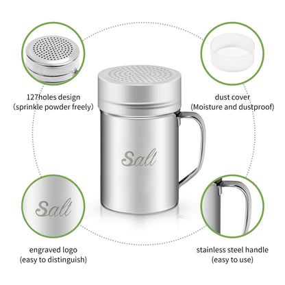 ZERUIDM Stainless Steel Salt and Pepper Shakers Set, 14 OZ Seasoning Spice Shaker with Lid and Handle 127 Holes, Metal Dredge Shaker for Powder Sugar Cooking Kitchen Baking (2 Pieces)