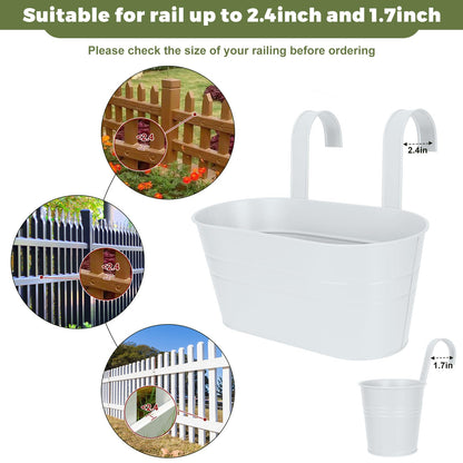 3 Different Size Metal Iron Hanging Flower Pots 10 Pcs for Outdoor Plants Metal Hanging Bucket Pots Iron Railing Fence Planter with Drainage Holes and Hooks for Porch Railing Balcony Fence (White)