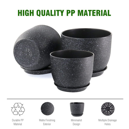 WSMKSZ Plant Pots 10/9/8 inch, Set of 3 Modern Decorative Plastic Planters with Drainage Holes and Saucers for Garden House Plants, Flower Pots for Indoor Outdoor Plants, Speckled Black