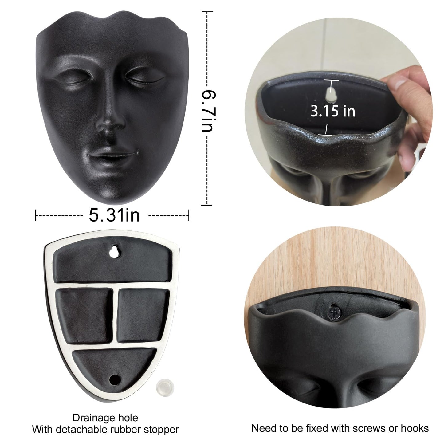 Notakia Face Planter Pot Wall Mounted Outdoor/Indoor Planter with Drainage for Succulents, Cactus, and Small Plants Unique Home Decor Gift for Friends and Family (Black)