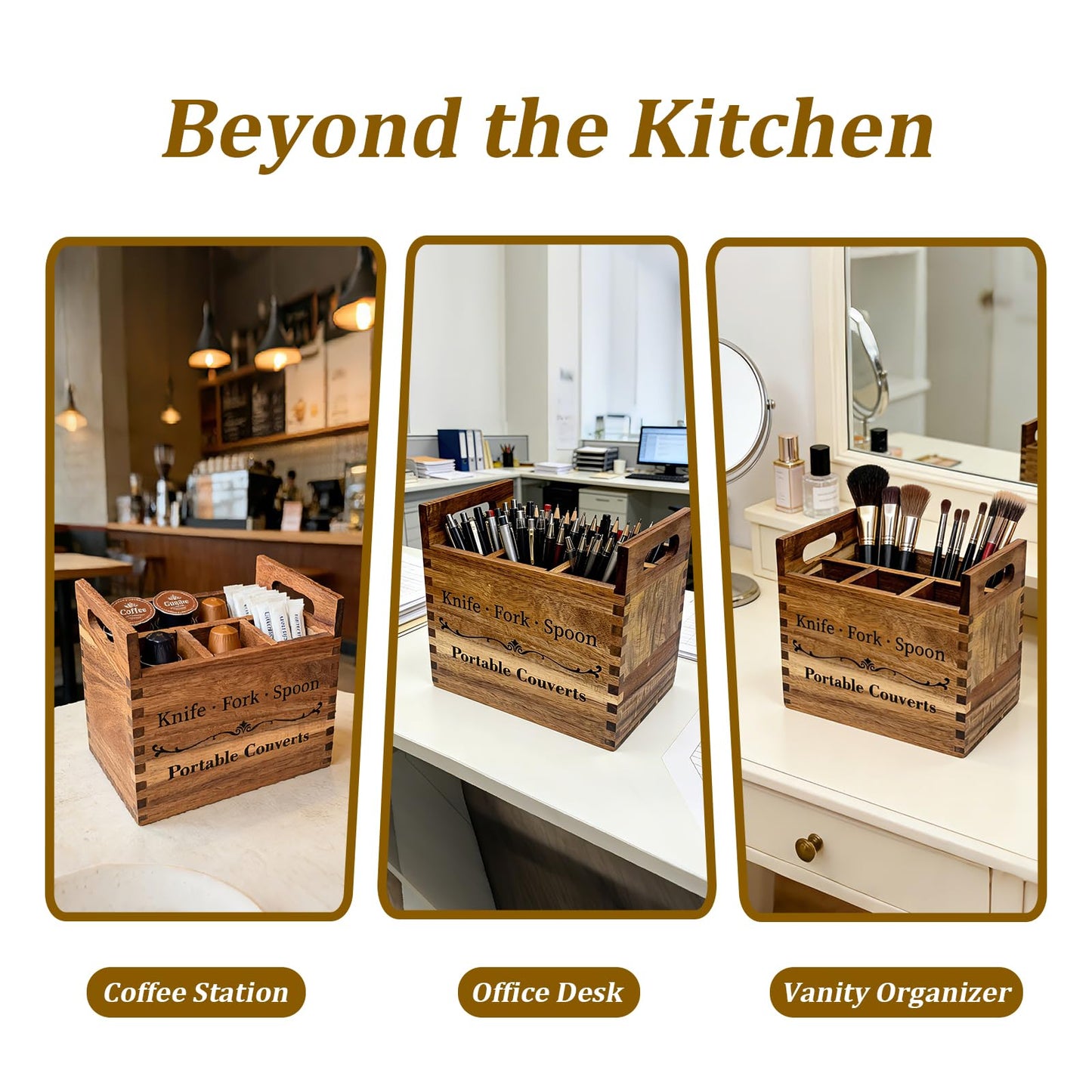 NDNTO Portable Acacia Wood Kitchen Utensil Holder with Handle, Farmhouse Countertop 4-Compartment Wooden Cooking Utensil Holder for Counter, Island & Dining Room