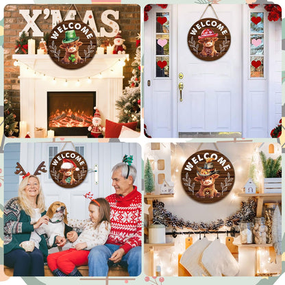 Riletese Easter Interchangeable Welcome Sign Wooden Highland Cow Seasonal Holiday Decor with Magnet Pieces and Detachable Hats Front Door Yard Home Decorations Gift (Highland Cow)