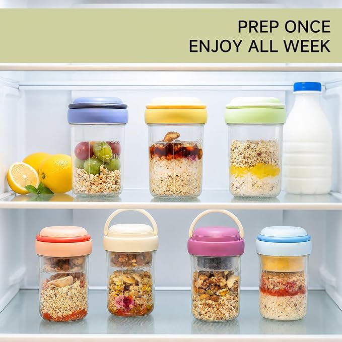 Overnight Oats Containers with Handles & Lids – 16oz Glass Mason Jars with Spoons & Fruit Compartments, Meal Prep Breakfast Jars, 2 Sets (Cream, Dark Blue)