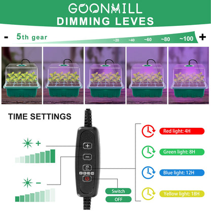 GOONMMILL Seed Starter Tray with Timed Grow Light, 5 Packs Plant Starter Tray Seedling Starter Kit with Humidity Domes Base Indoor Greenhouse Mini Propagator Station for Seeds Growing Starting
