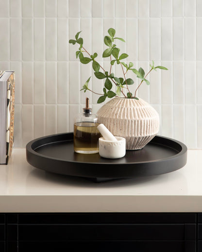 Kate and Laurel Halsey Round Lazy Susan Tray Organizer; 18 Inch Diameter; Black; Transitional Round Countertop Organizer with Turning Lazy Susan for Kitchen Storage