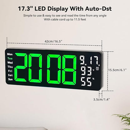 Digital Wall Clock Large Display, 17.3" Digital Clock with RGB Color Remote Control, Auto-Dimming Big Wall Clock with Night Light,Auto DST,Date Week,Temp for Home Decoration, for Elderly (Green)