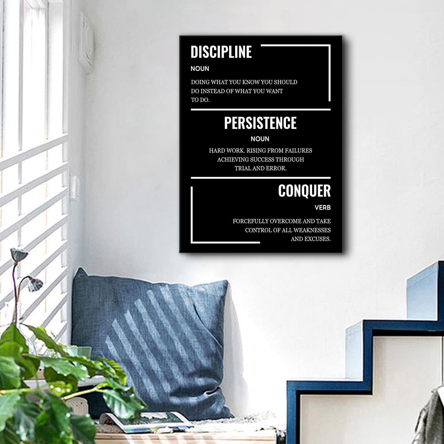 Motivational Canvas Wall Art Poster Print Discipline Persistence Conquer Inspirational Entrepreneur Quotes Picture Painting for Kitchen Teens Room Office Painting Stretched and Framed [18''Wx24''H]
