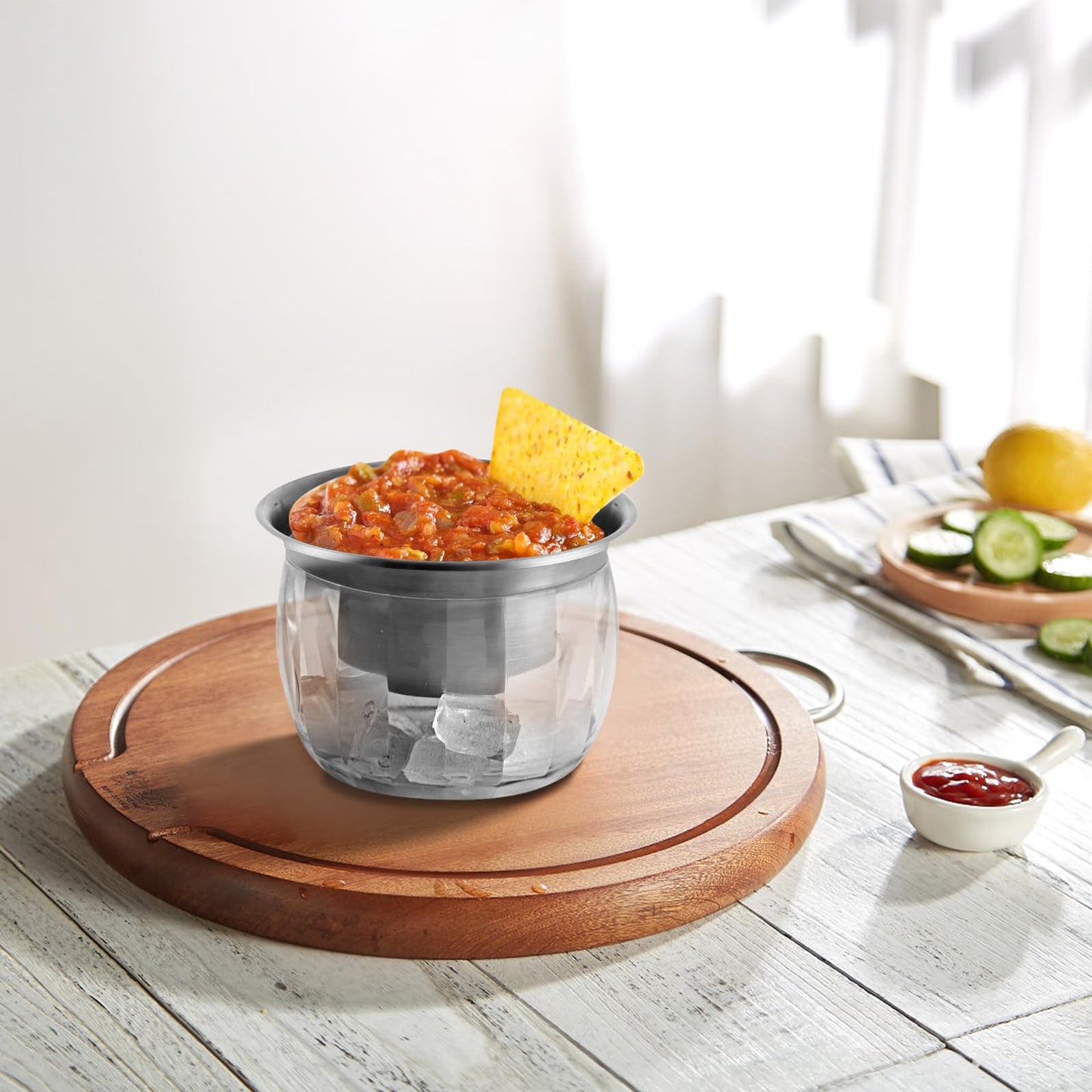 MOLIGOU Ice Chilled Dip Bowl with Lid, 22oz Chilled Serving Bowl for Parties, Dip Bowl on Ice with Stainless Steel Spork