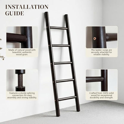 Wooden Blanket Ladder - 57in Natural Wood Color- Leaning Wall Decor for Bedroom, Bathroom, Living Room - Rustic Quilt Holder & Towel Rack (Dark Walnut 57in | Knock Down)