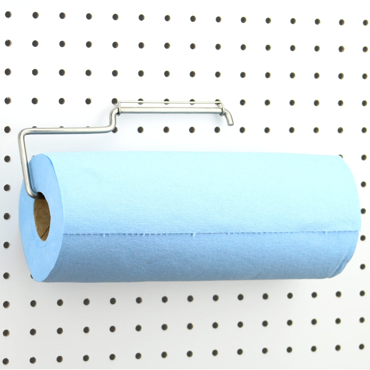 RightArrange One-Handed Tear Pegboard Paper Towel Holder - Stainless Steel - Hooks to Any Peg Board - Pegboard Accessories for Tool Shed, Garage, Workbench, Kitchen, Laundry or Craft Room Organization