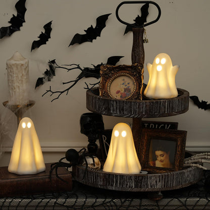 Light Up Ghost Halloween Decor - 3 Pack Ceramic White Ghost Figurines - Indoor, Table, Tray