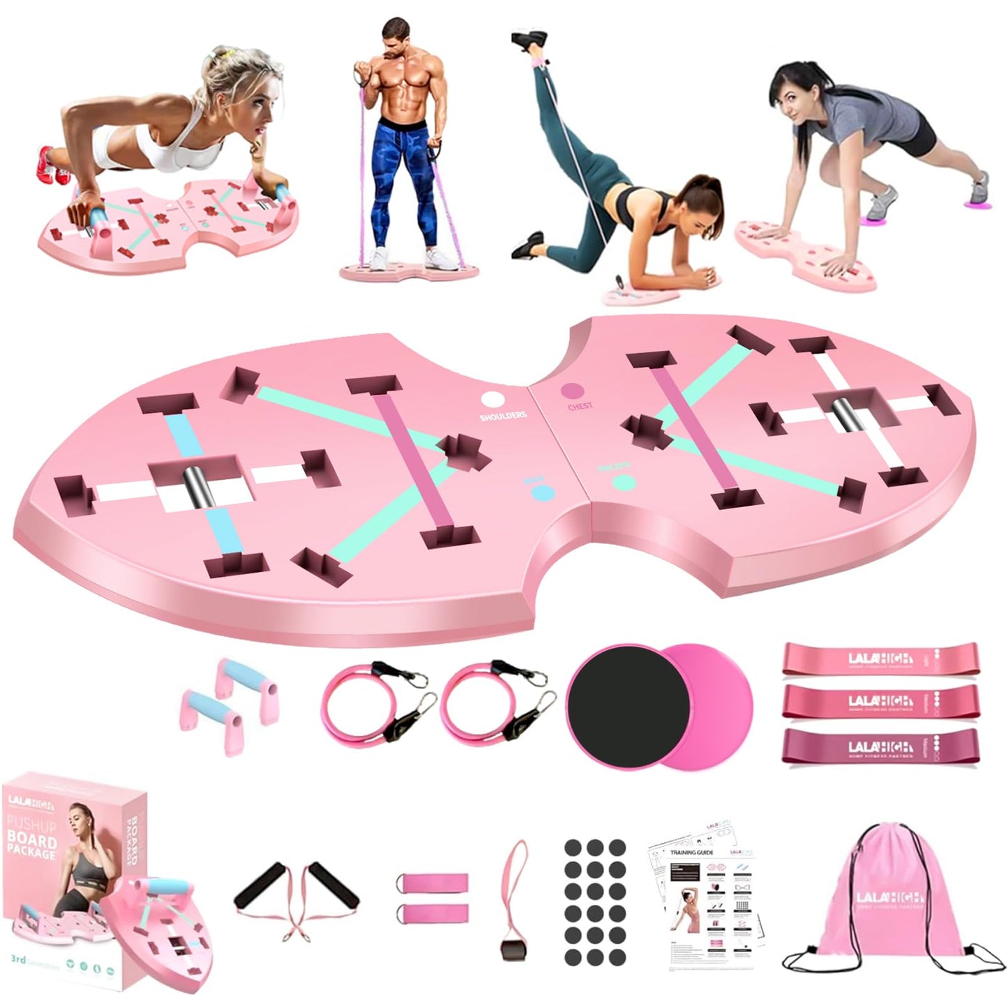 LALAHIGH Portable Home Gym System for Men and Women:Push Up Board, Pilates Bar & 20 Fitness Accessories with Resistance Bands and Ab Roller Wheel-Professional Strength Training Exercise