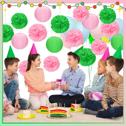 RoundFunny 15 Pcs Witch Theme Party Decorations Green and Pink Party Decorations Birthday Tissue Paper Pom Pom Lanterns Supplies for Girls Women Princess Birthday Decor