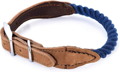 Mile High Life Genuine Leather Dog Collar, Durable Braided Cotton Rope Collar with Metal Pin Buckle for Small Medium Large Dogs (Navy Blue, M Neck 15"-18")