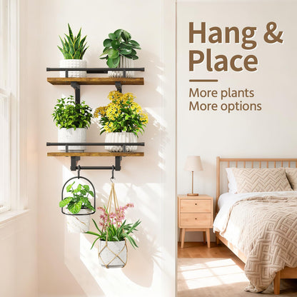 LASZOLA 2Pcs Wall Mount Plant Shelves with 4 Hangers for Indoor, Heavy Duty Metal and Wood Window 2 Tier Floating Flower Holders Stand for Kitchen Bathroom, Modern Display Bracket Rack, Rustic Brown