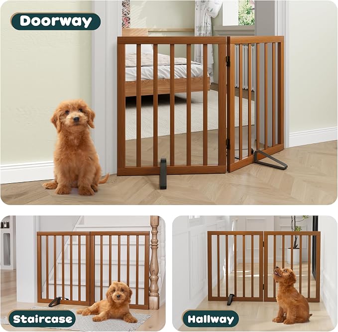 Semiocthome Dog Gate Indoor 2-Panel Freestanding Puppy Gates for The House with 2 Metal Stands 24" H Folding Wood Pet Gate for Stairs Doorway, Fully Assembled Safety Fence - Walnut