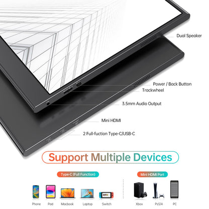 WGK 15.6 inch Portable Monitor 4K UHD 100%sRGB Travel Display HDMI/USB-C Compatible with Laptops, Desktops, Phones, PS, Mac, Xbox, Switch, and Other Gaming Devices Kickstand & Speakers VESA Mountable