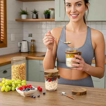 4 Pack Overnight Oats Containers with Wooden Lids and Spoons, 16oz Glass Mason Overnight Oats Jars with Lids, Large Capacity Airtight Jars for Milk, Cereal, Fruit