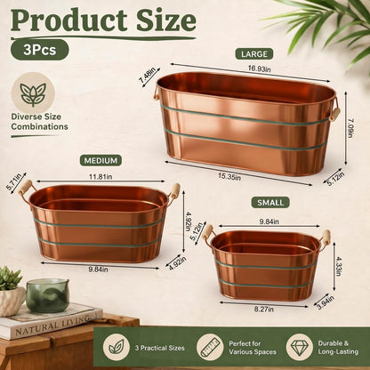 Zonon 3 Pack Galvanized Tub with Handles 17/12/10 Inch Large Metal Planter Set for Indoor Outdoor, Stackable Rustic Retro Flower Pots with 4 Drainage Holes