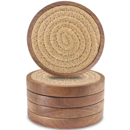 Wood Coasters for Drinks, Eykao Absorbent Coaster Sets of 5, Woven Drink Coasters for Coffee Table, Housewarming Gift for Farmhouse Home Decor,4 inches