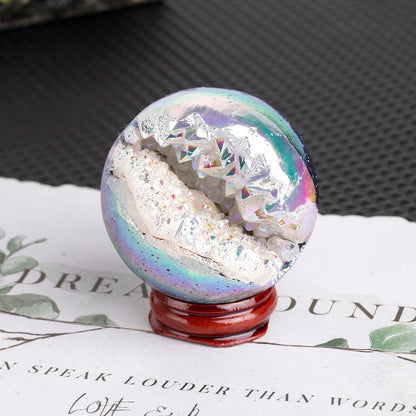 mookaitedecor Angel Aura Quartz Geode Sphere 51-60 mm, Natural Rock Crystal White Titanium Coated Crystal Ball with Stand for Divination Witchcraft Home Decor