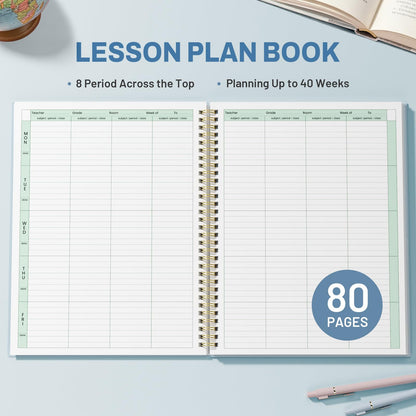 SUNEE 8 Period Teacher Lesson Plan Book - Days Vertically, Undated Teacher Planner 2026-2027 Academic Year, 8.5 x 11 Inch, 104 Pages/52 Sheets (40 Weeks), Waterproof Plastic Cover, Back Pocket, Blue