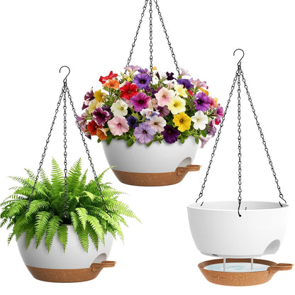 UOUZ Set of 3-10 Inch Self Watering Hanging Planters for Indoor Outdoor，Hanging Plant Pots with Drainage & Removable Tray, Hanging Pots Holder for Pothos Plant, Ferns, Balcony & Patio,White with Brown