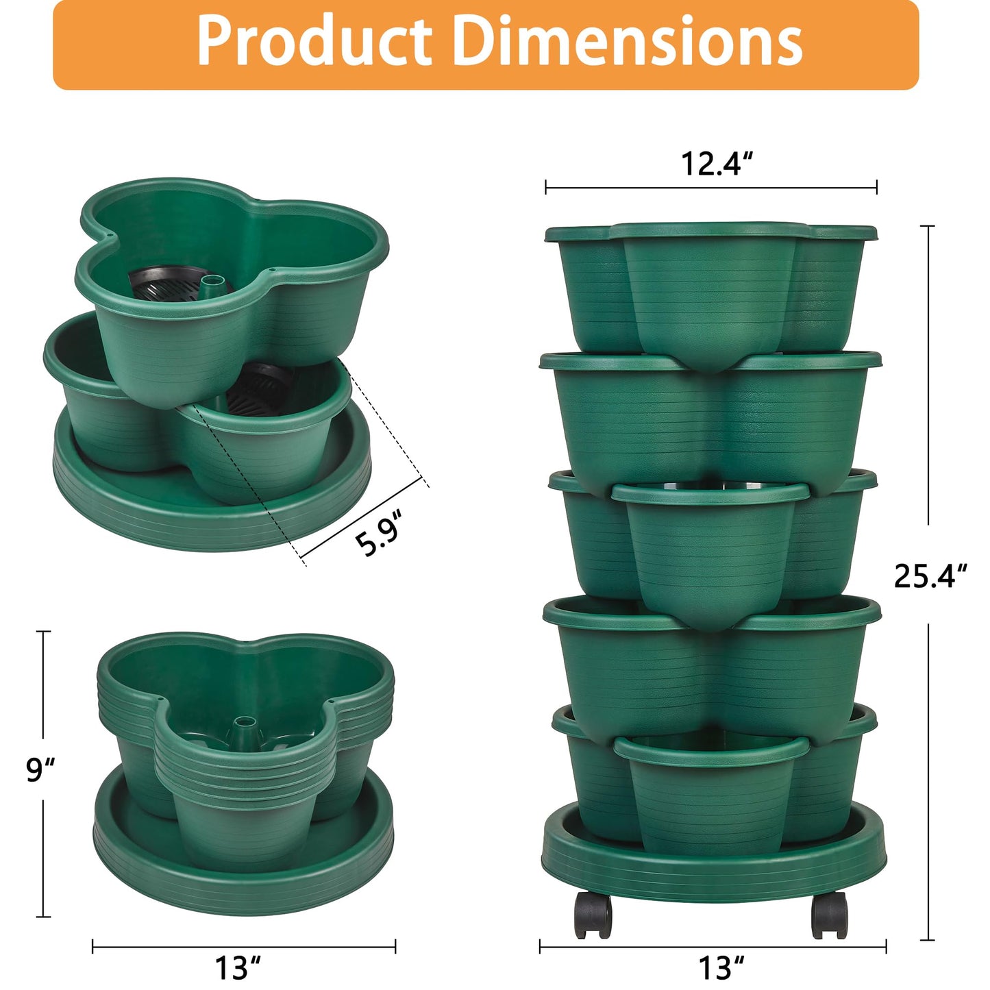 VECELO 5 Tier Vertical Garden Planter, Self Watering Stackable Planters with Wheels for Strawberries, Herbs, Flowers, Vegetables, Dark Green