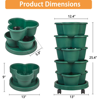 VECELO 5 Tier Vertical Garden Planter, Self Watering Stackable Planters with Wheels for Strawberries, Herbs, Flowers, Vegetables, Dark Green
