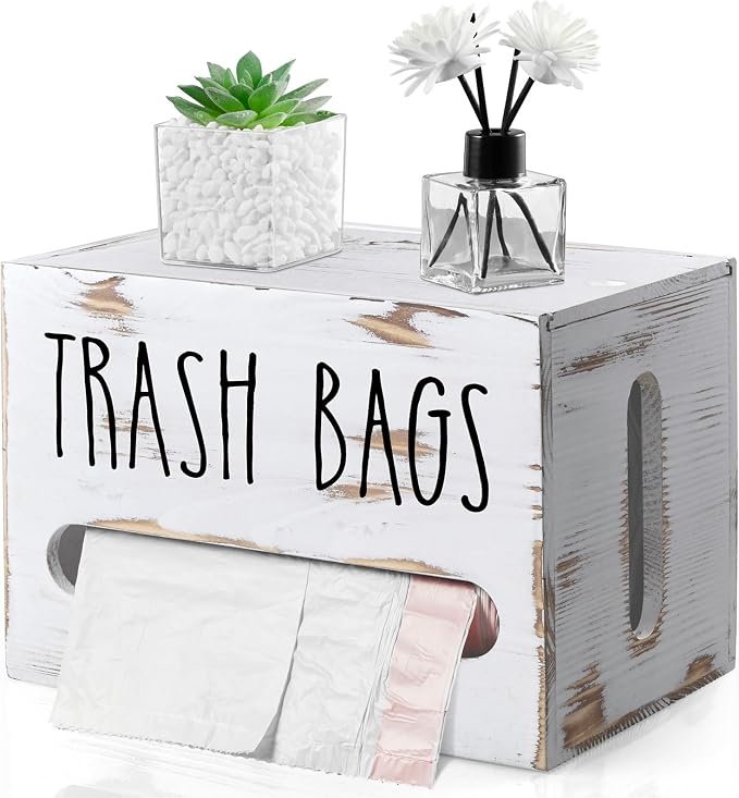 DRASTAR Trash Bag Holder, Wooden Stackable Trash bag Dispenser Wall Mount, Large Garbage Bag Dispenser for for 13-gallon Trash Bags Roll Holder, Kitchen Laundry Room Organization, Retro White