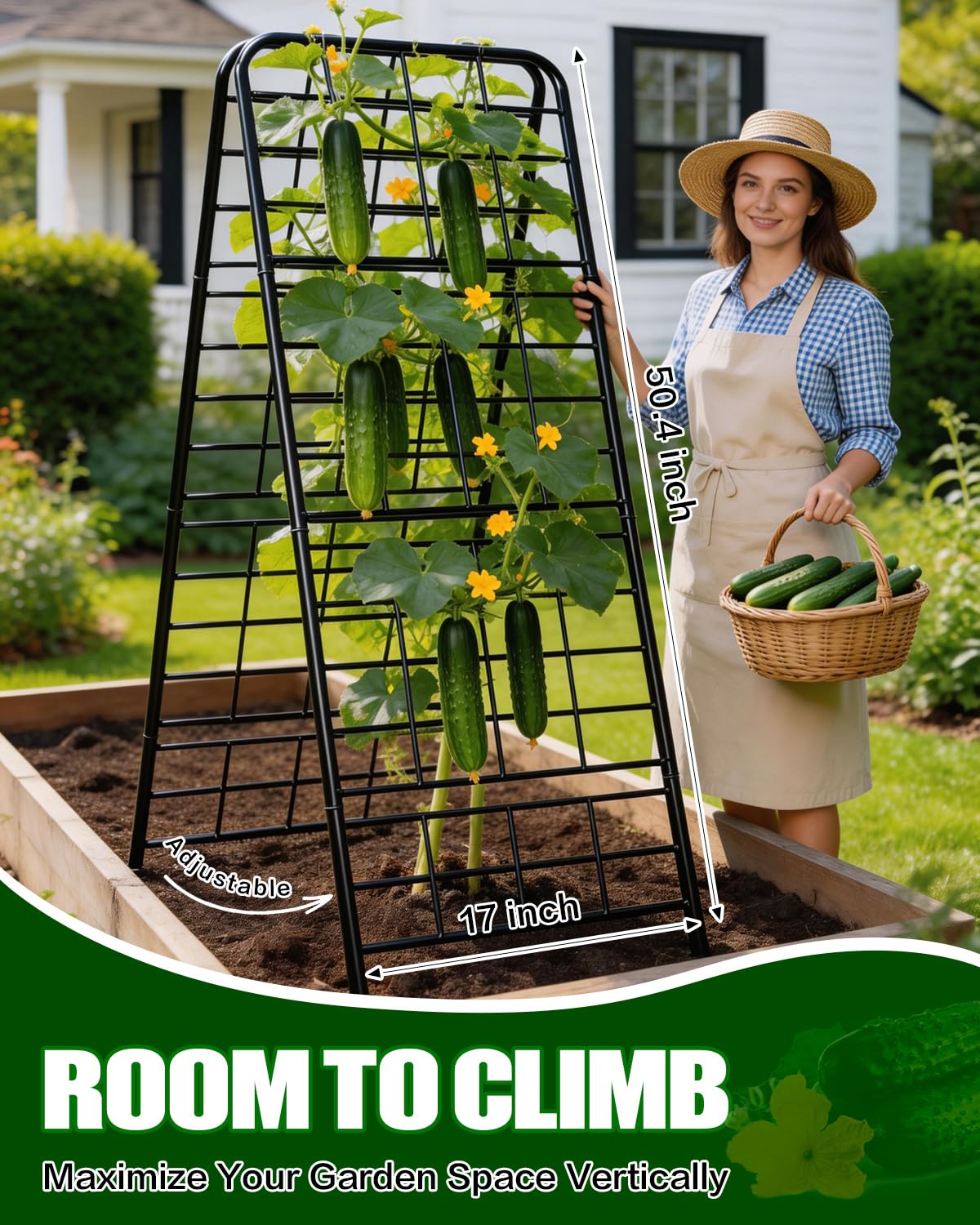 Breeze Touch 1 Pack Heavy Duty Adjustable A-Frame Cucumber Trellis for Climbing Plants, All-Metal Garden Trellis with Dense Grid Climbing Frame for Raised Beds, Tomatoes, Cucumbers & Outdoor Vines