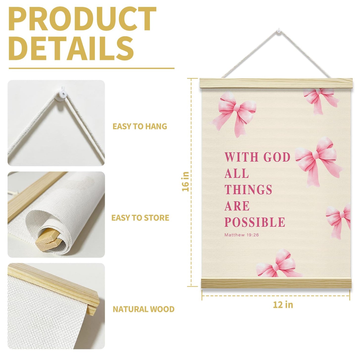 Pink Bow Coquette Poster Hanger Frame, With God All Things Are Possoble Bible Verse Christian Posters Canvas Wall Art for Women Girls Dorm Bedroom Decor, 12x16 Inches -031
