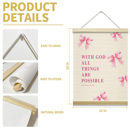 Pink Bow Coquette Poster Hanger Frame, With God All Things Are Possoble Bible Verse Christian Posters Canvas Wall Art for Women Girls Dorm Bedroom Decor, 12x16 Inches -031