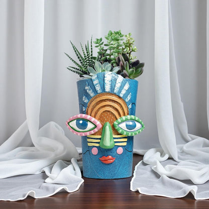 Yhupl Picasso Abstract Face Flower Pot,Plant Pot with Facial Expressions,Handmade Resin Plant Pot with Drainage Holes,for Indoor and Outdoor Botanical Home décor (Blue Large)