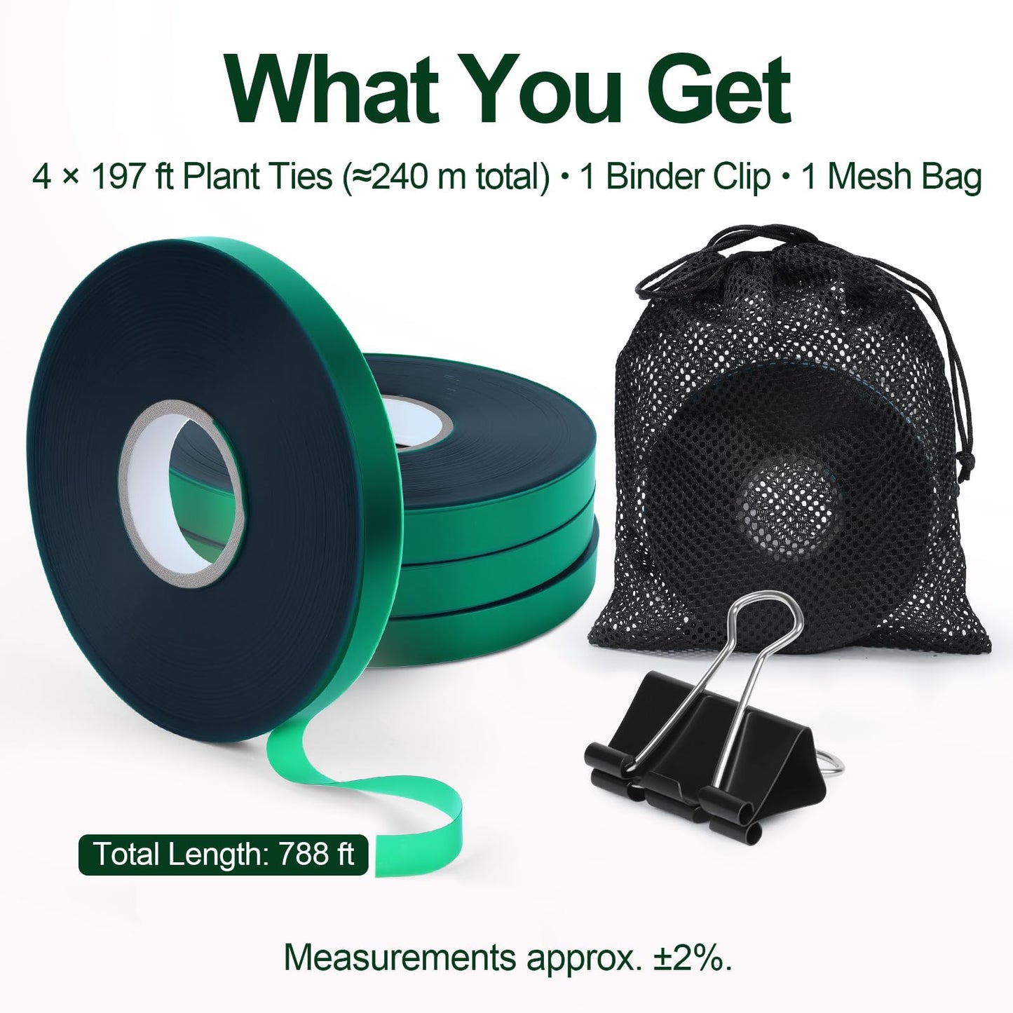 Plant Tie Tape – 4 Rolls (788 ft) Stretch Vinyl (PVC), 0.5" Wide, Non-Adhesive Garden Ties for Stems & Poles – Includes Mesh Bag & Binder Clip (788 ft)