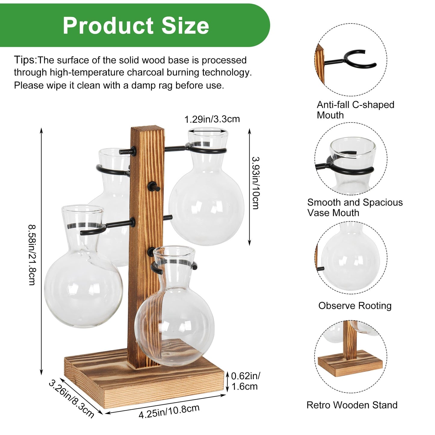 PAG-Mass Plant Propagation Station with 4 Glass Vases & Wood Stand, Hydroponic Air Planter for Indoor Plants, Unique Gardening Gift for Women & Plant Lovers, Desktop Terrarium for Home Decor