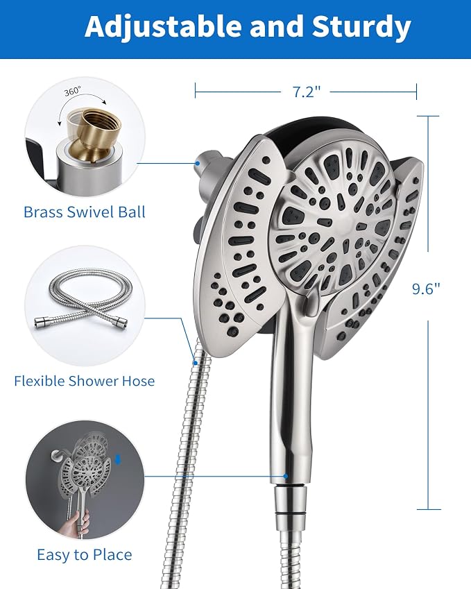 INAVAMZ Shower Head with Handheld High Pressure: Hand Held Shower Head & Rain Shower Head 2-IN-1 Shower Head with 59" Rotatable Stainless Steel Hose, Shower Trim Systems, Nickel 1.8 GPM 23233