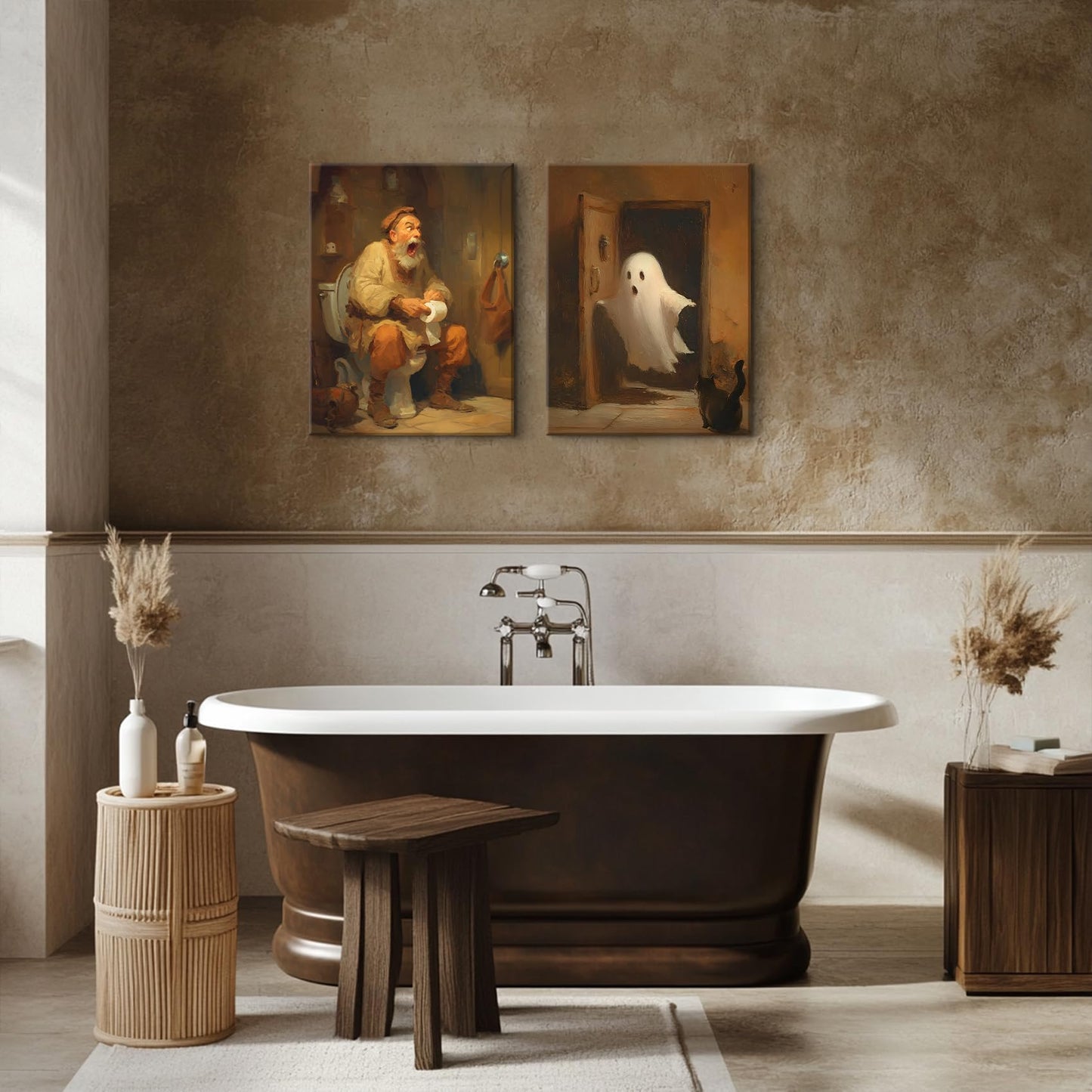 2Pcs Ghost in Bathroom Canvas Wall Art Retro Funny Bathroom Wall Decor Halloween Ghosts Posters Painting Retro Horror Creepy Dark Prints Halloween Pictures for Toilet Home Decoration(8x10in Canvas)