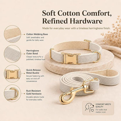 Herringbone Tweed Dog Collar and Leash Set for Small Dogs, Gray | Snag-free, no-rub design. Soft breathable cotton, gentle on fur. Adjustable durable matching combo for walks & outdoors.