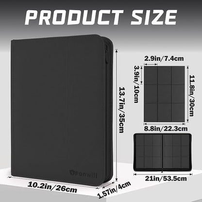 Trading Card Binder 9 Pocket, 360 Pockets Trading Card Holder Book, Premium PU Cover Zip Folder Binder, Side Loading Carrying Case Binder Album for TCG, MTG,Sports Cards, Game Cards (Black)