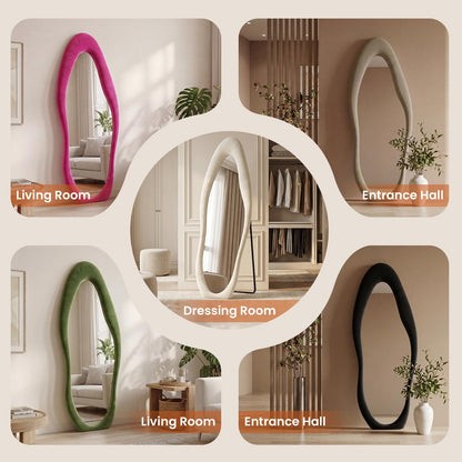 ZHUNFA Full Length Mirror,65×24 Mirror Full Length Wall Mounted Wrapped in Flannel,Featuring an Irregular Cloud Shaped Design,Room,Bedroom,Living Room Home Decor,Light Coffee.