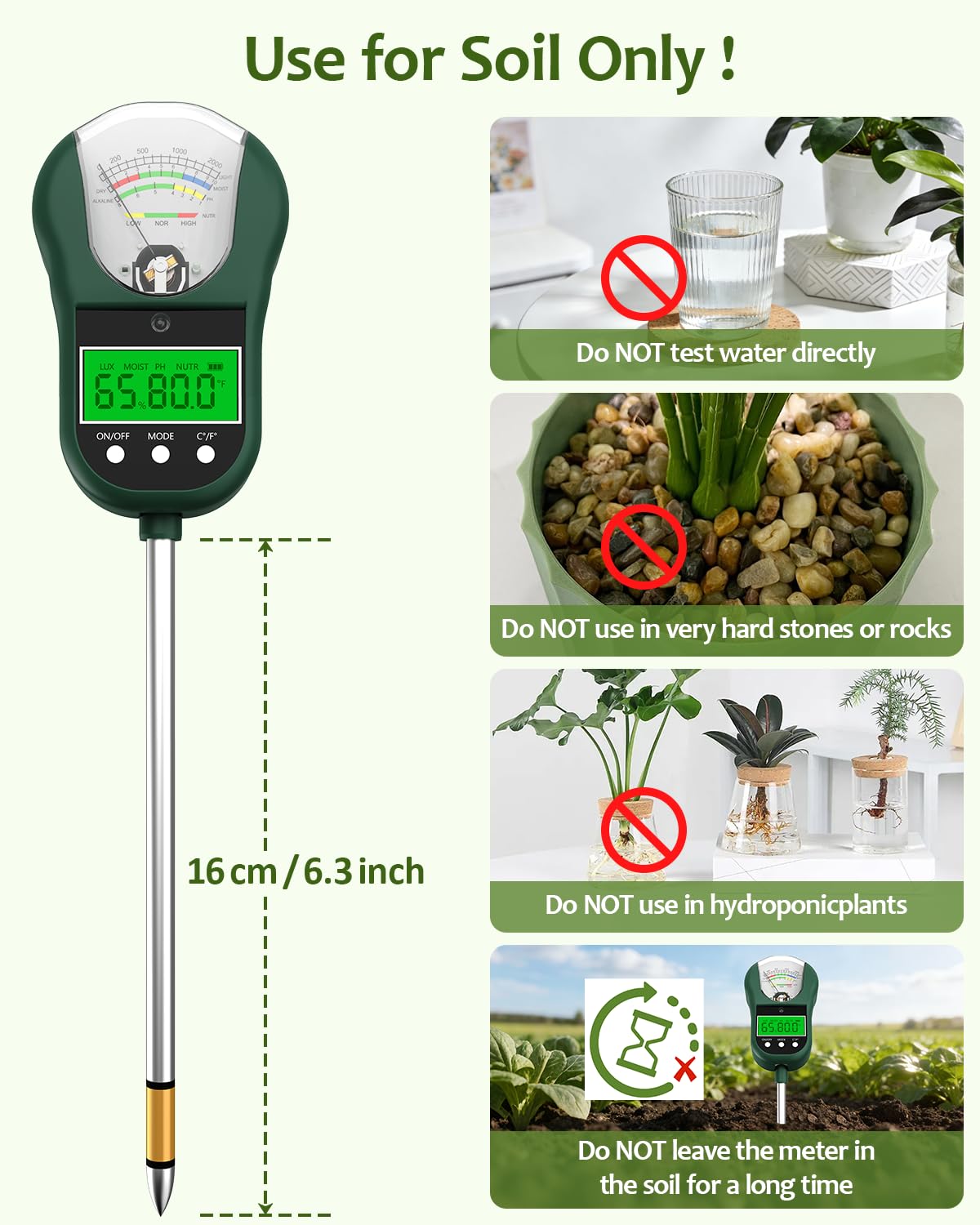 Jxikatx 7-in-1 Soil Test Kit, Soil Moisture Meter/pH Meter/Light Intensity/Fertility/Air & Soil Hygrometer Temperature with Large Dual Display for Garden,Lawn, Farm, Indoor Outdoor Plants-OliveGreen